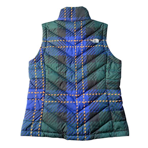 The North Face Women’s 550 Puffer Vest Medium Green Blue Plaid Quilted Full Zip - Picture 3 of 3